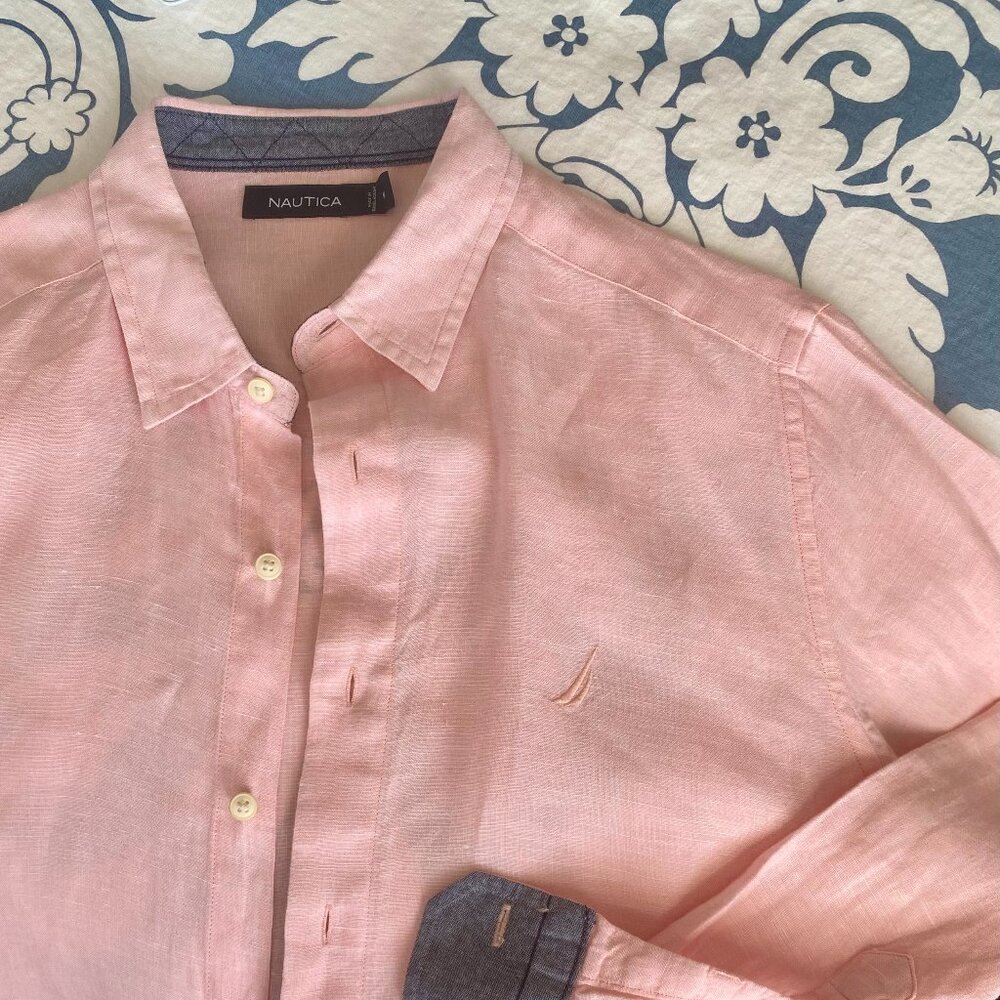 Nautica Men's "M" size light coral  100% Linen Shirt